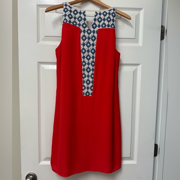 THML Women’s Orange Red Keyhole Halter Blue Embroidered Shift Dress Size M - Picture 4 of 11